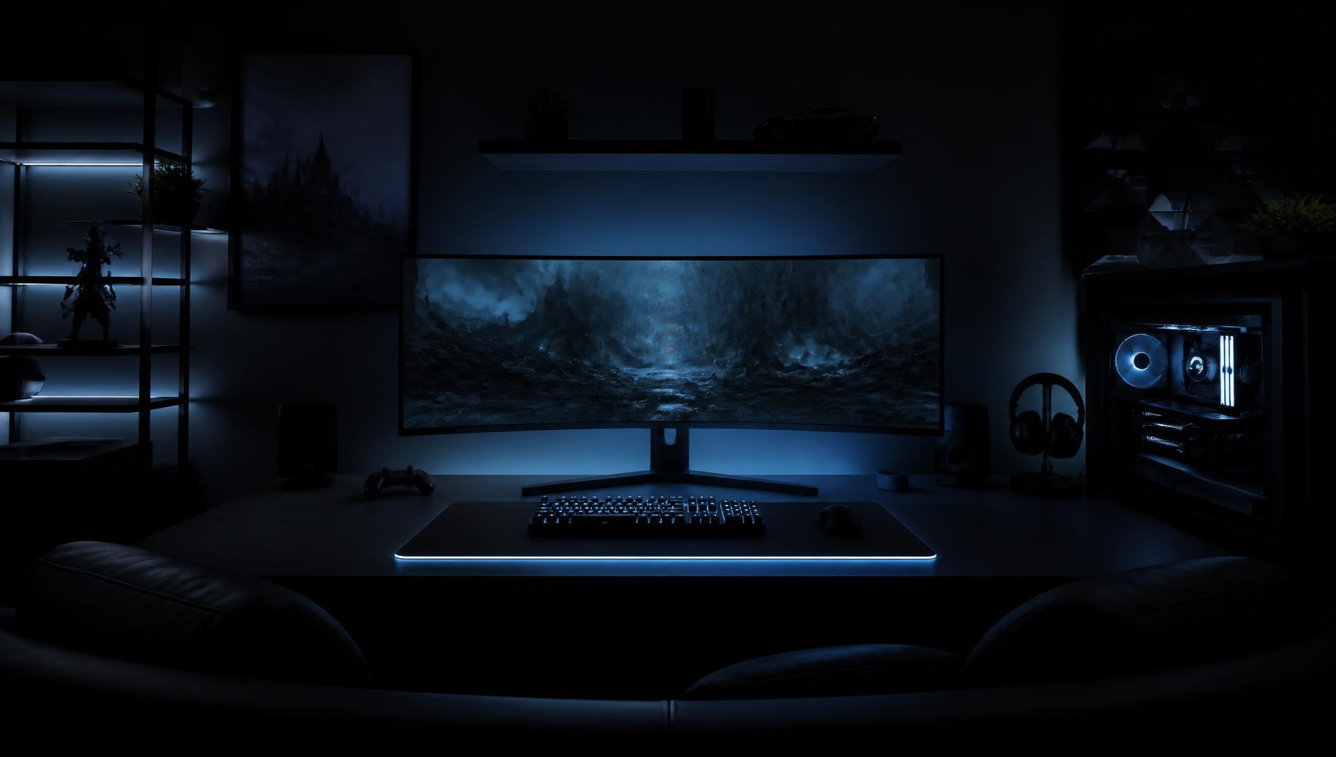 Dark gaming room with an ultrawide monitor and premium PC hardware